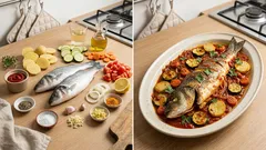 Λαβράκι στο φούρνο με λαχανικά και κόκκινη σάλτσα – ζουμερό, χωρίς κόπο