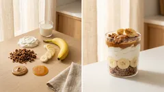 Banoffee πρωινό σε ποτήρι: γιαούρτι, μπανάνα και καραμέλα αμυγδάλου